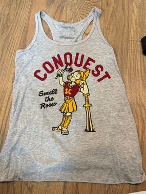 Conquest Grey Graphic Tank Top with Red & Yellow Print